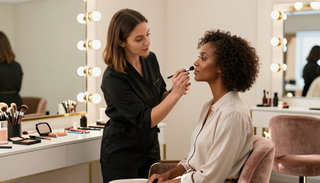 Maquillador aplicando color en los labios de una clienta sentada en un salón de belleza