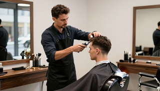 Un barbero cortándole el pelo a un cliente en una peluquería moderna, con espejos y herramientas a la vista.