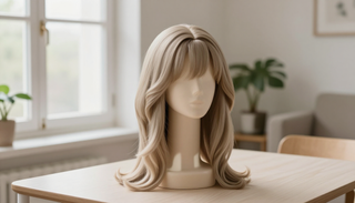 Peluca rubia de maniquí sobre un soporte junto a una ventana iluminada por el sol en una habitación luminosa
