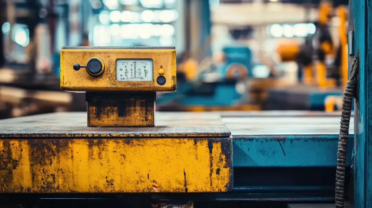 Escamas industriales amarillas sobre una superficie metálica en un entorno de fábrica.