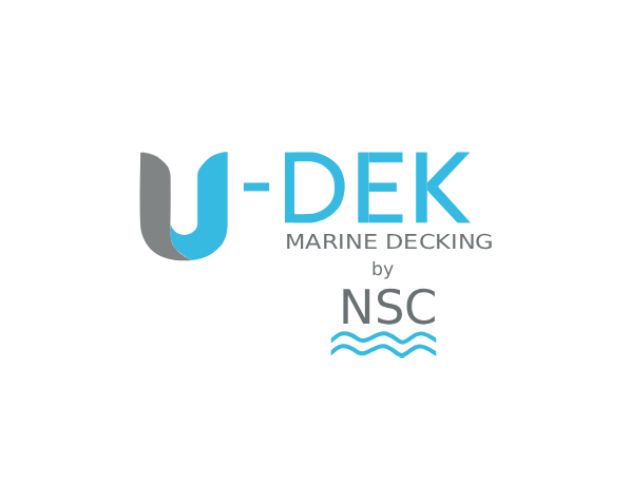 U-DEK Marine Decking-Logo in Grau und Blau mit NSC- und Wellenlinien