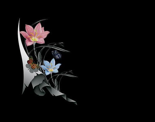 Una flor rosa y una flor azul con mariposas sobre un fondo negro.