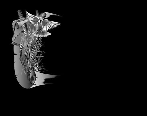 Una fotografía en blanco y negro de un pájaro y flores sobre un fondo negro.