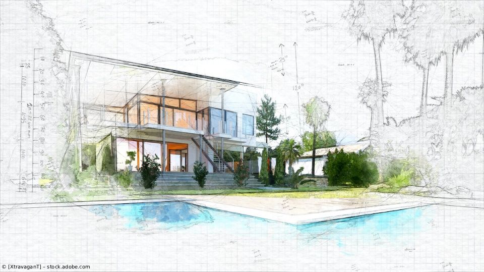 Konzeptskizze eines modernen Hauses mit Pool, Landschaftsgestaltung und architektonischen Linien