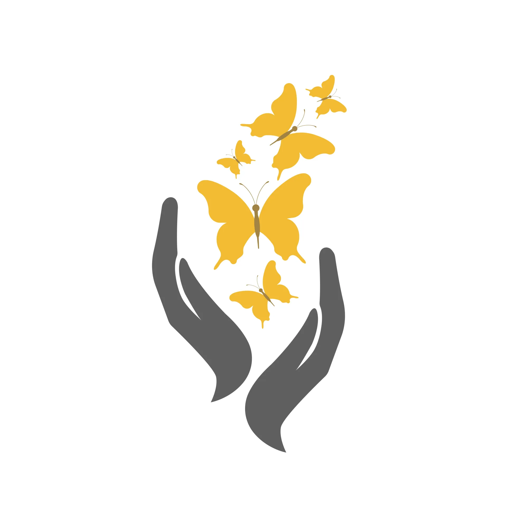 Manos grises acunando mariposas amarillas, simbolizando libertad y crecimiento.
