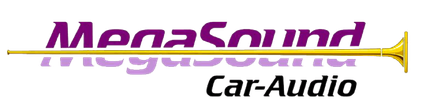 Logotipo: "MegaSound Car-Audio" en color morado y negro, con un gr&aacute;fico de trompeta dorada.