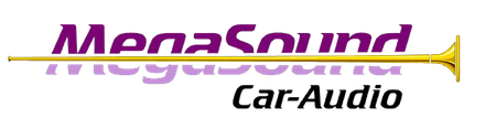 Logotipo: "MegaSound Car-Audio" en color morado y negro, con un gr&aacute;fico de trompeta dorada.