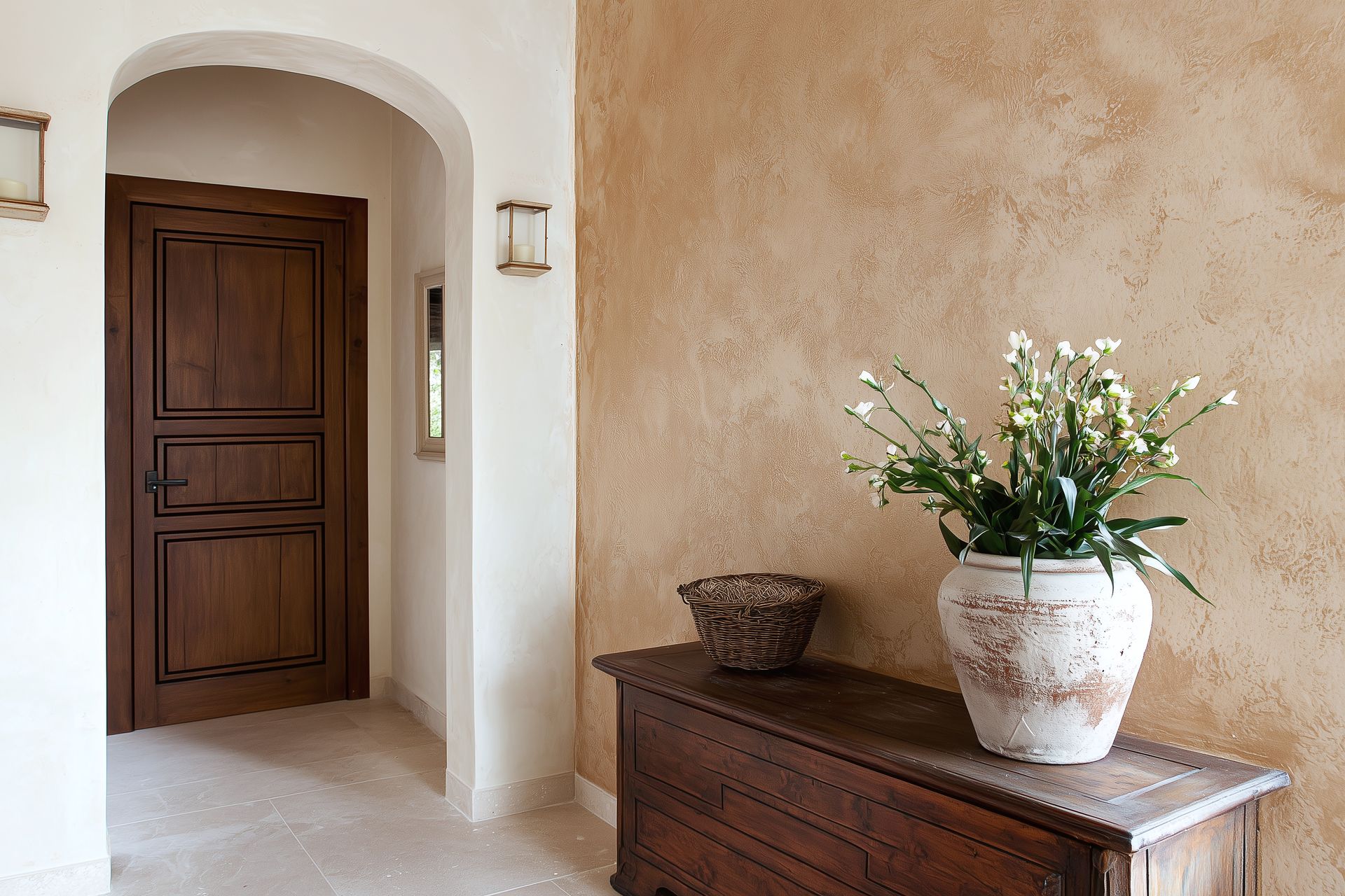 Une entrée rustique avec un mur texturé couleur beige, une porte cintrée, un coffre en bois et un vase de fleurs.