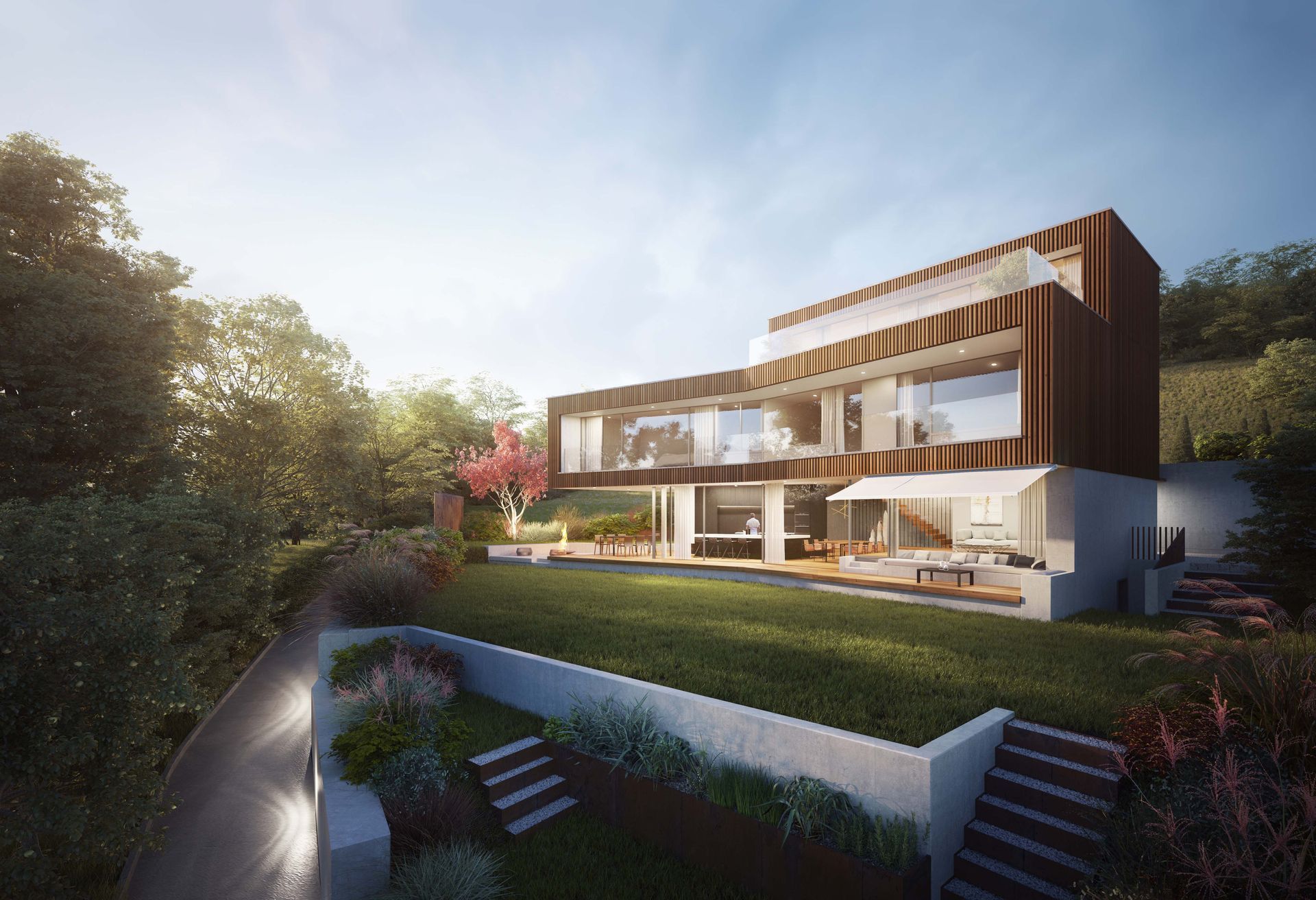 Modernes Badezimmer mit Holzwaschtisch, weißem Waschbecken, Badewanne und großem Spiegel.