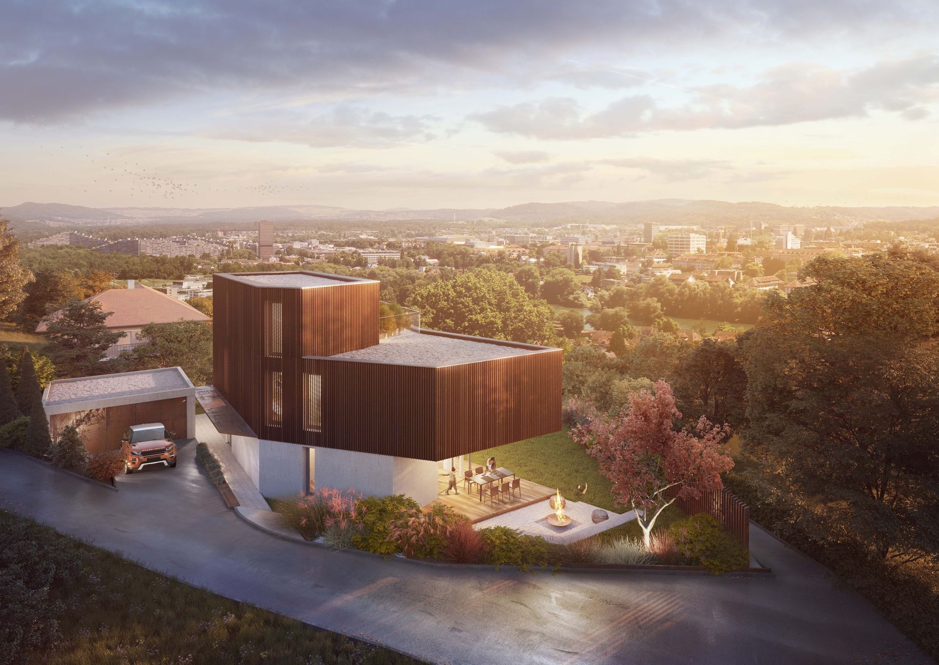 Modernes Badezimmer: Rosa und grün geflieste Wände, Holzdecke, schwarze Armaturen, weißes Waschbecken und Toilette.