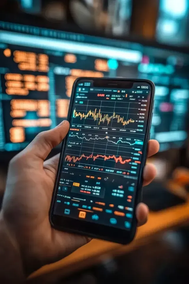 Mano que sostiene un teléfono que muestra gráficos del mercado de valores, con monitores de computadora en el fondo.