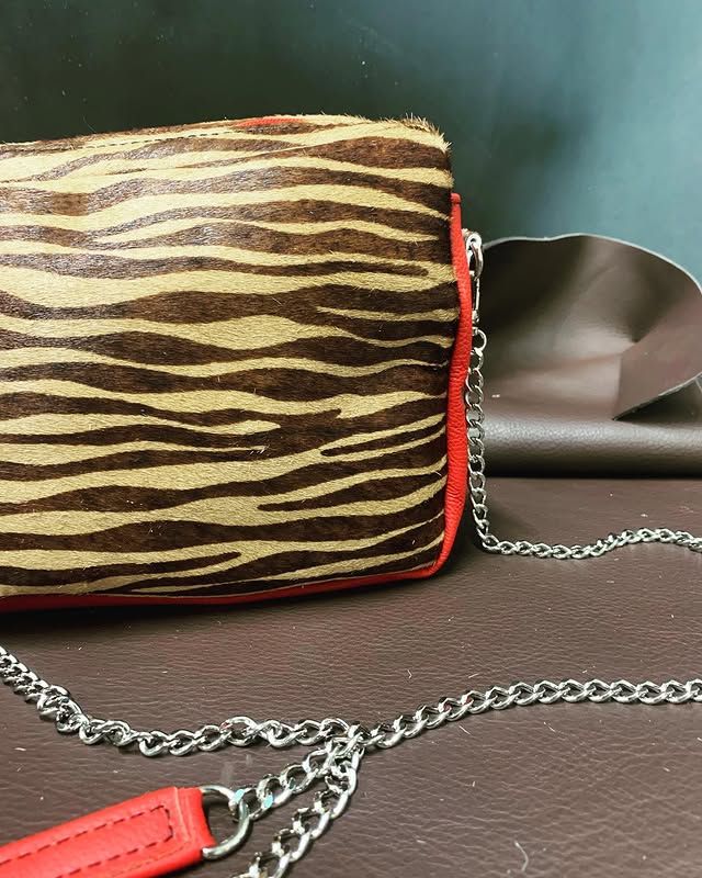 Sac à main à imprimé léopard avec bordure rouge et bandoulière chaîne sur fond marron, sur fond turquoise