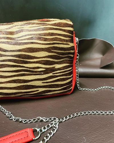 Sac à main à imprimé léopard avec bordure rouge et bandoulière chaîne sur fond marron, sur fond turquoise