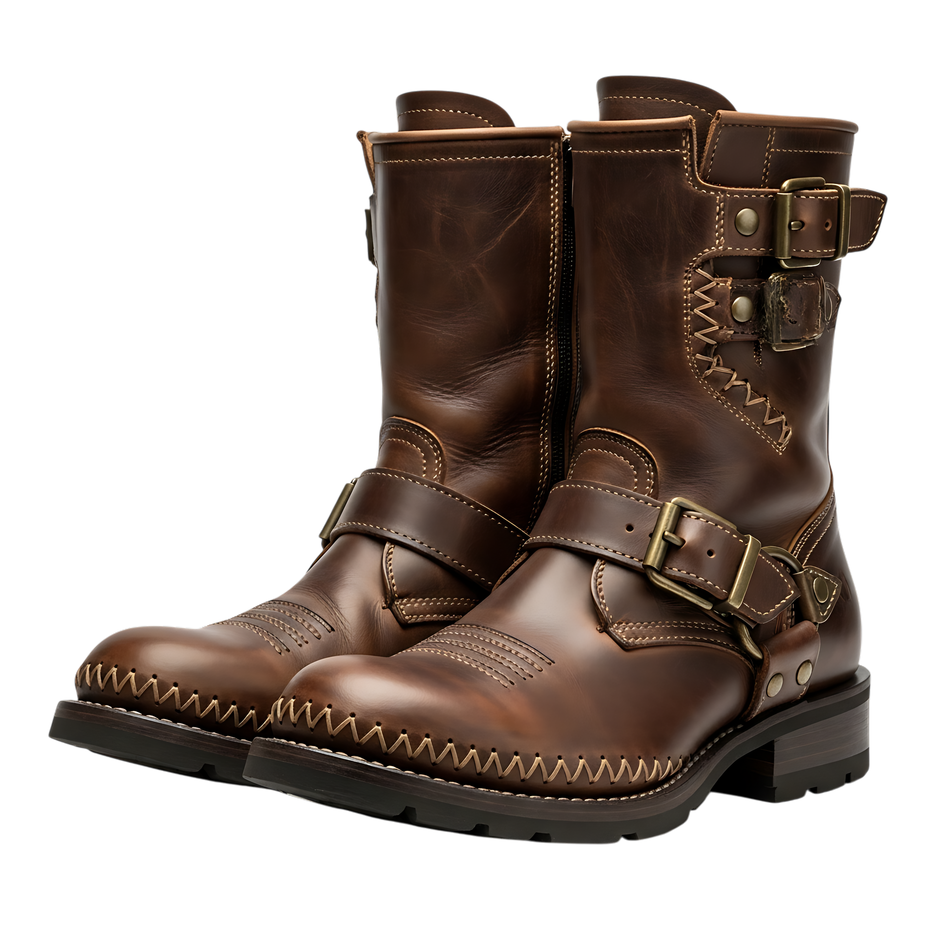 Bottines en cuir marron avec boucles et surpiqûres décoratives