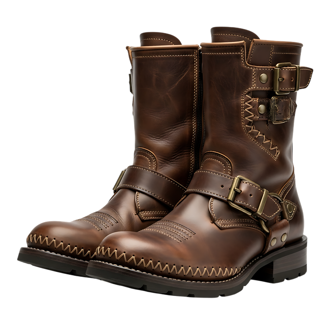 Bottines en cuir marron avec boucles et surpiqûres décoratives