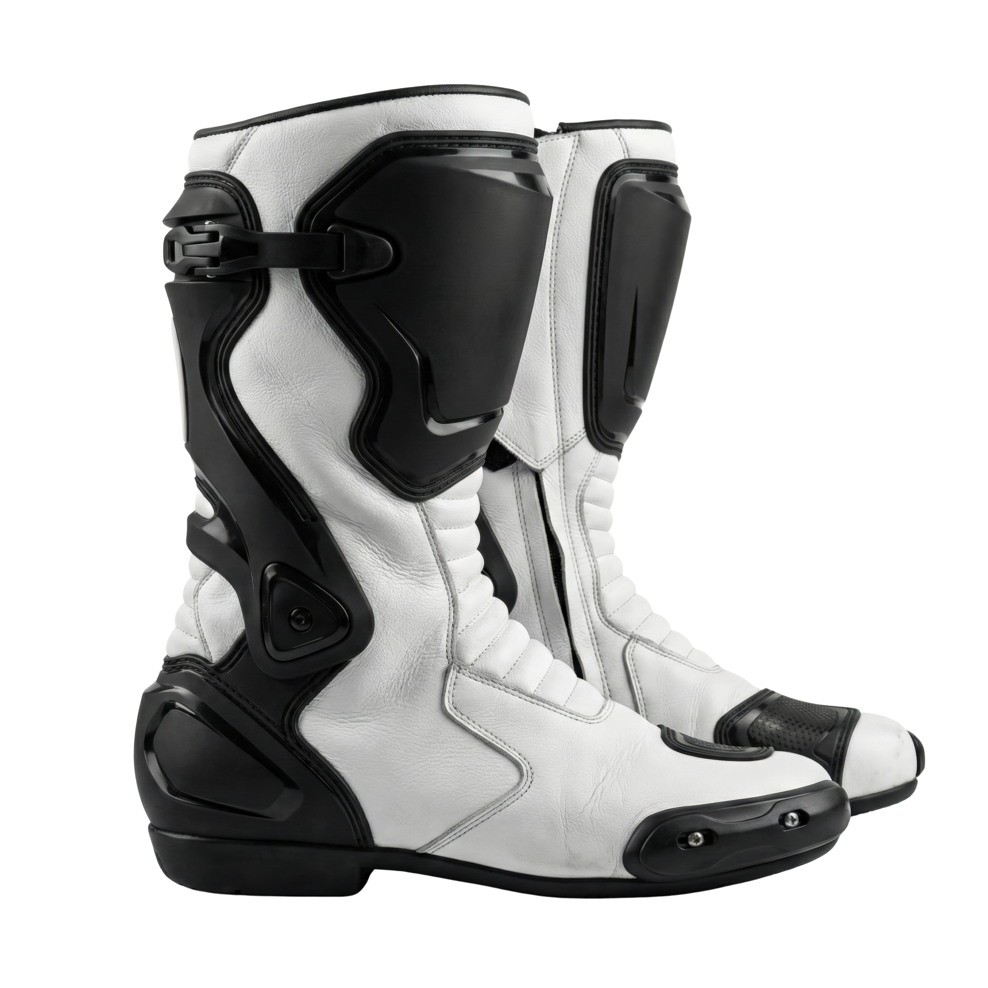 Paire de bottes de motocross noires et blanches sur fond blanc