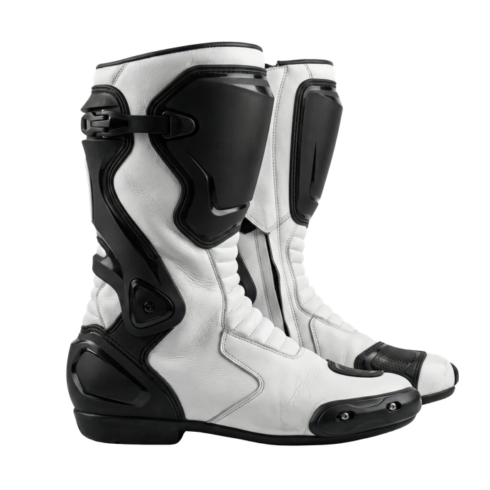 Paire de bottes de motocross noires et blanches sur fond blanc