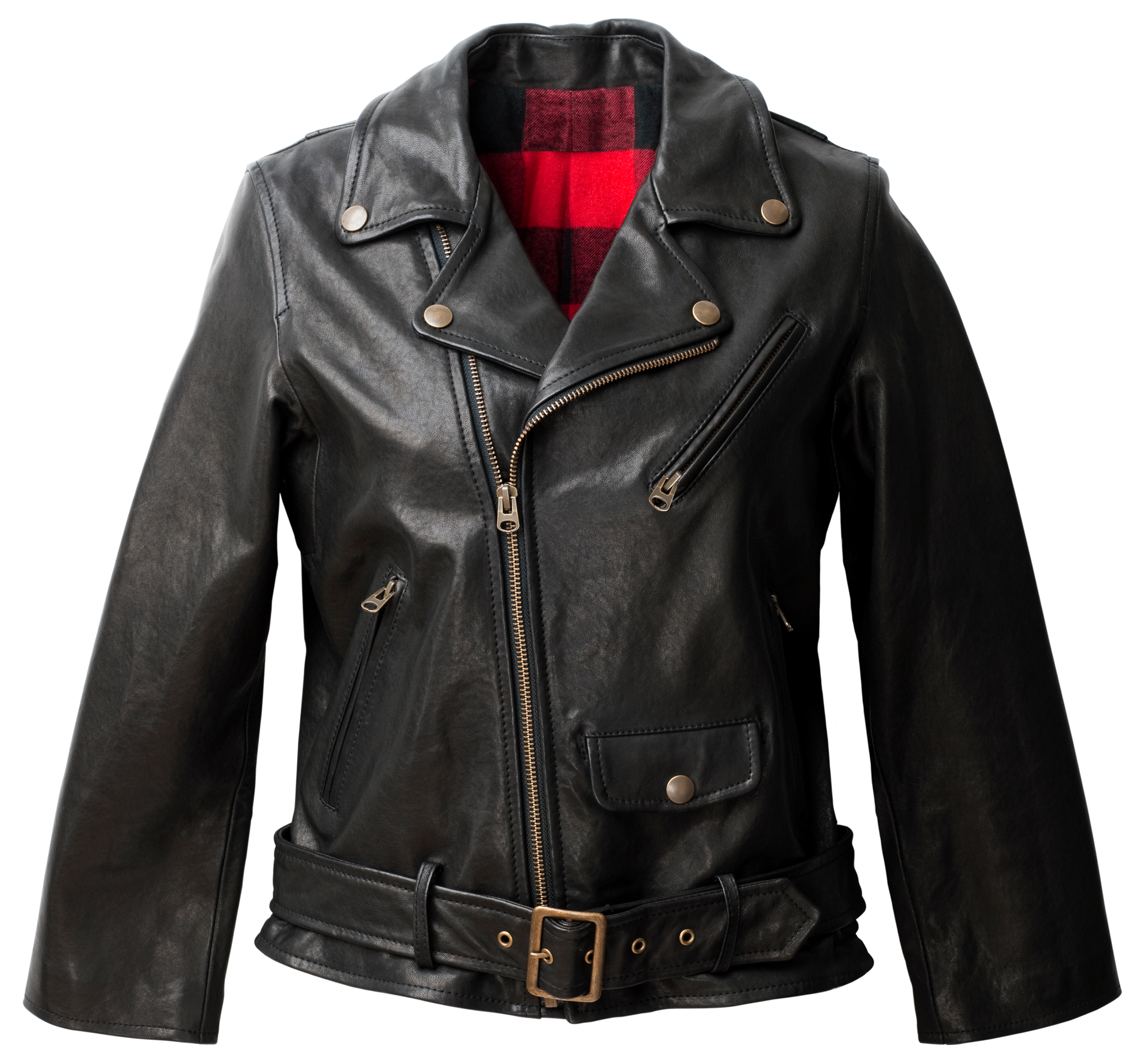 Veste de moto en cuir noir avec doublure à carreaux rouges, ceinture et fermetures éclair sur fond blanc