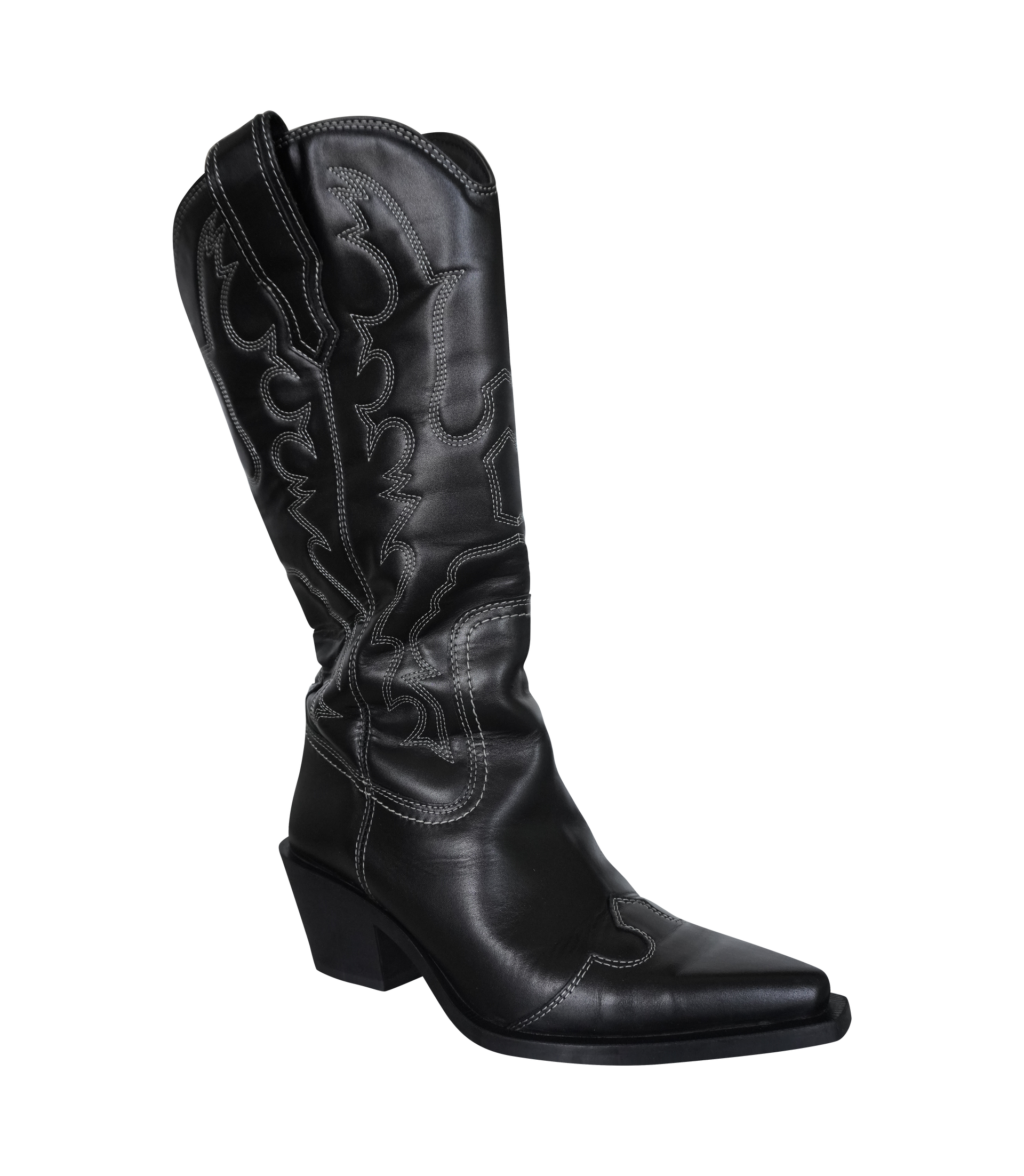 Botte de cowboy en cuir noir à bout pointu et surpiqûres décoratives