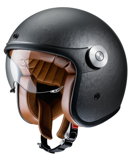 Casque de moto ouvert noir avec intérieur rembourré marron et visière transparente, présenté de profil.