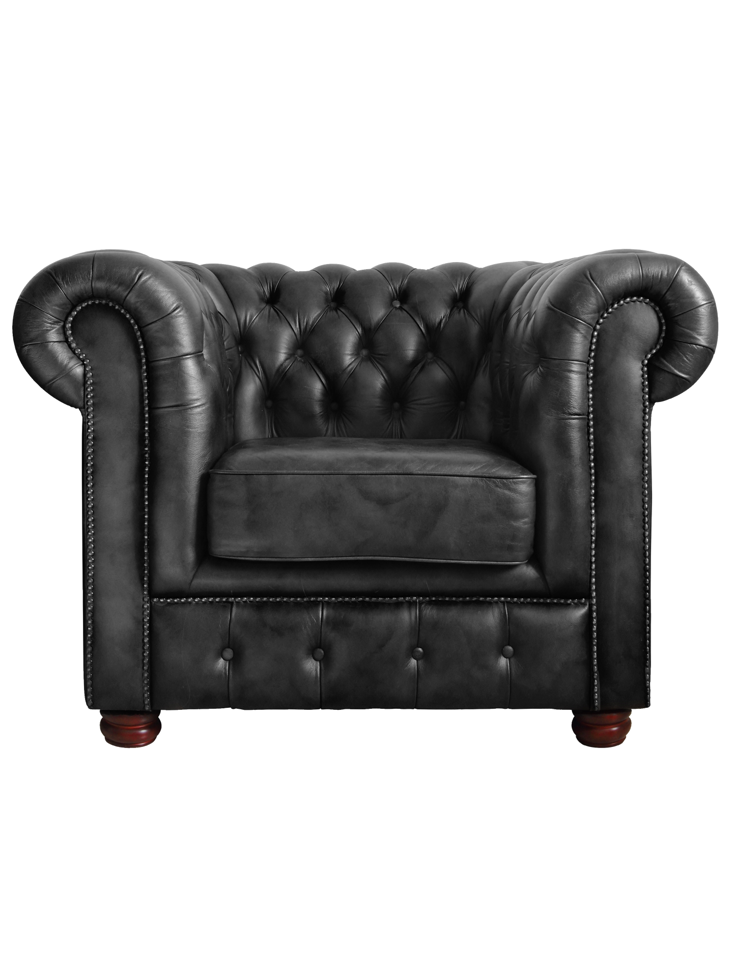 Fauteuil Chesterfield en cuir noir capitonné avec accoudoirs arrondis et coussin sur fond blanc