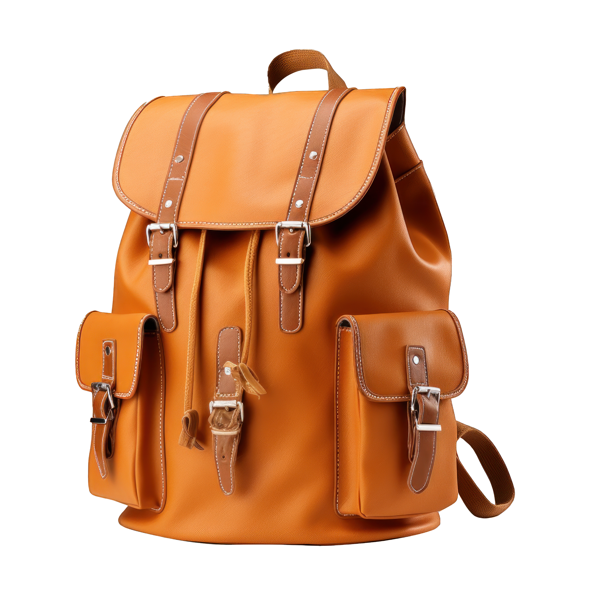 Sac à dos en cuir marron avec fermeture à rabat et poches latérales sur fond blanc
