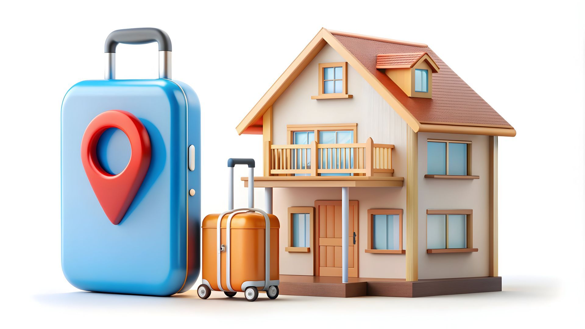 Suitcases with a location pin and a house, representing travel and lodging.
