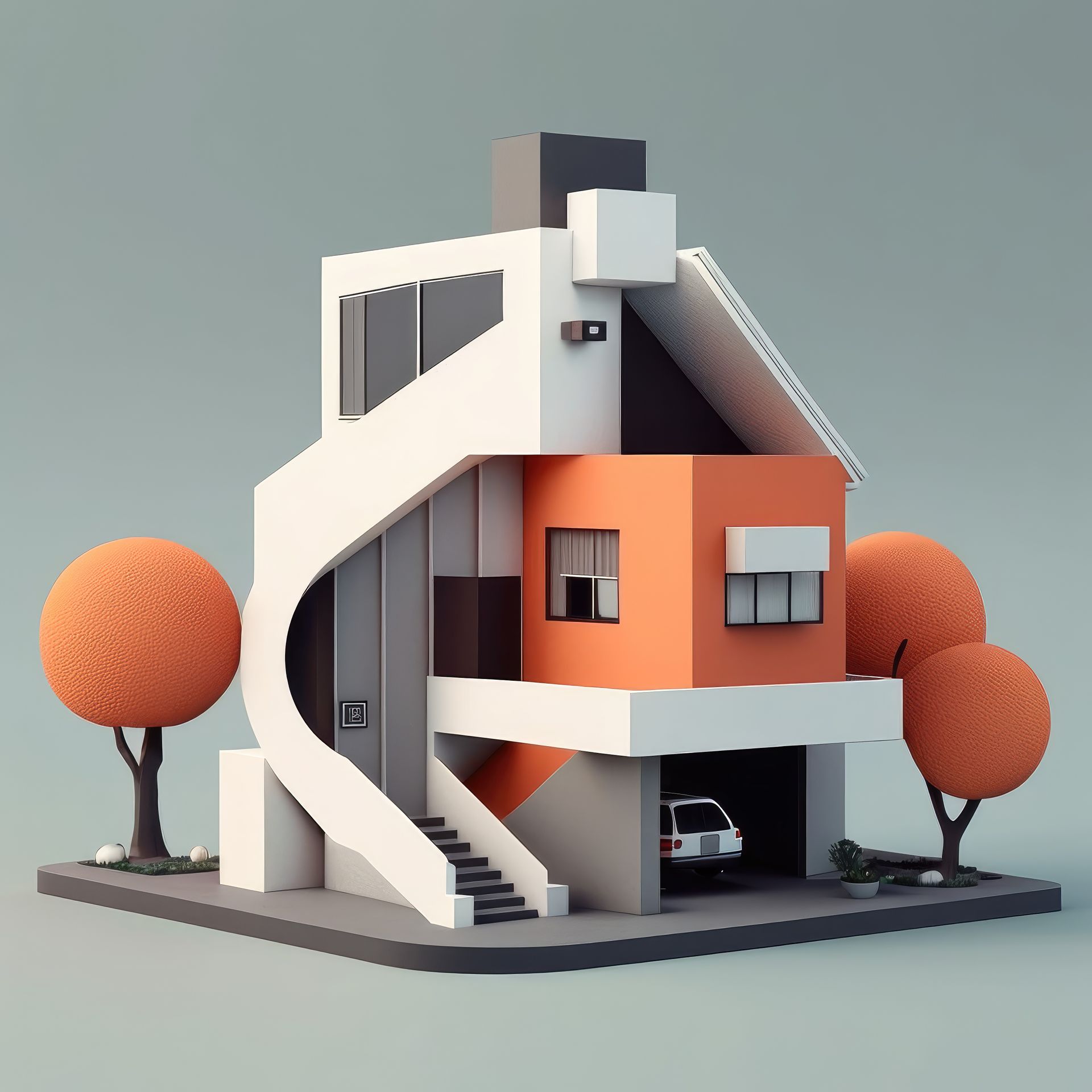 Modern geometric house with orange accents, a garage, and orange trees.