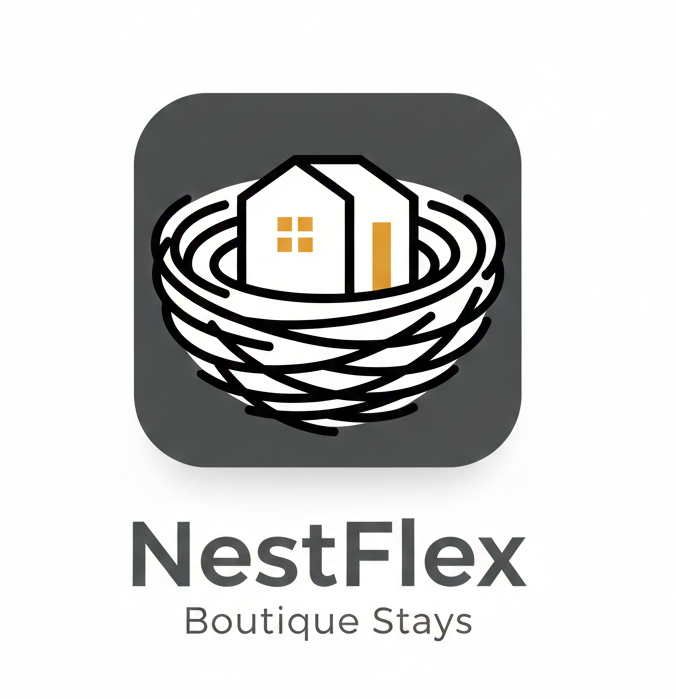 NestFlex logo: A house in a nest, on a dark gray square background. 