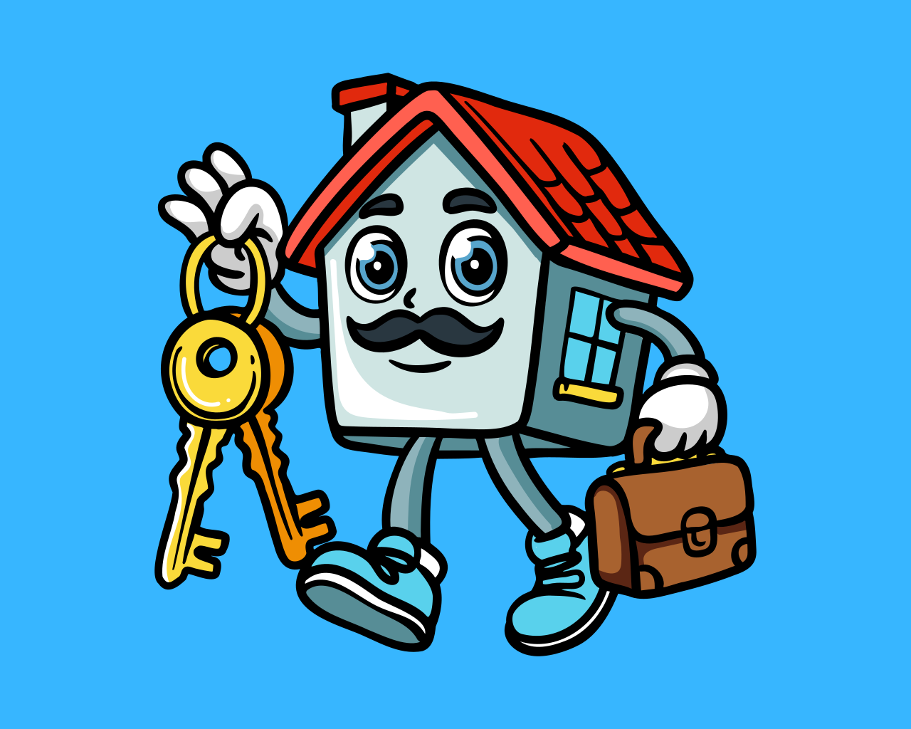 Cartoon house with a mustache holding keys and briefcase, walking.