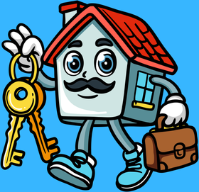 Cartoon house character holding keys and briefcase, with a mustache, on a blue background.
