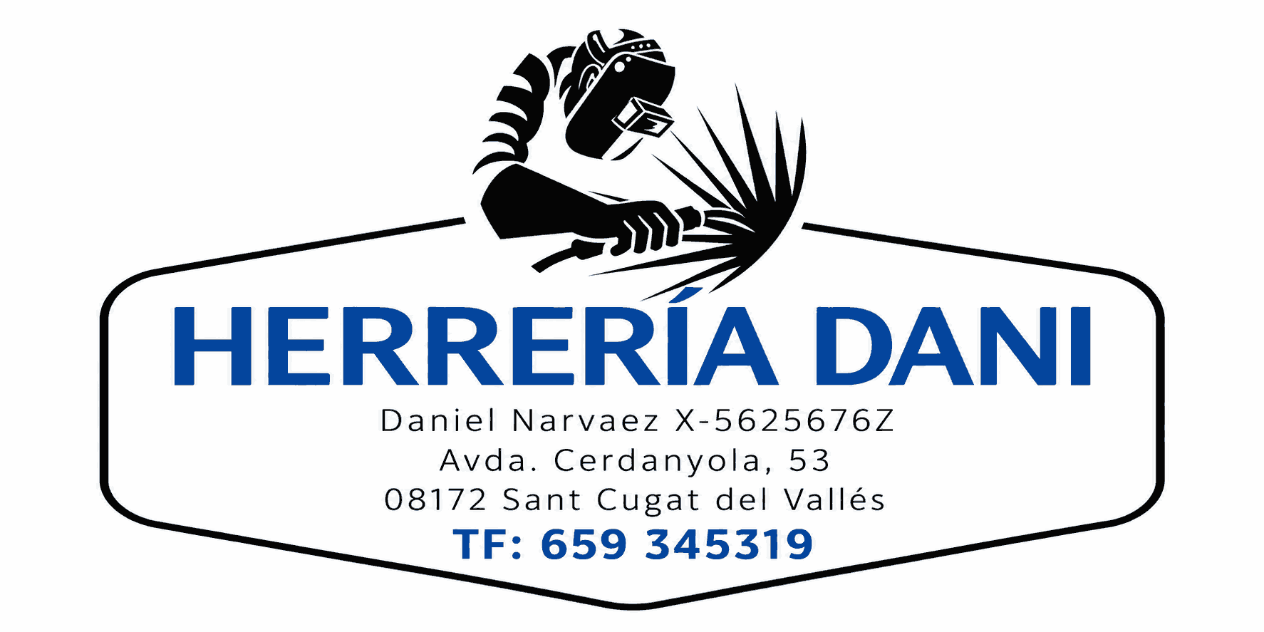 Logotipo para una herrería llamada «Herrería Dani», en azul y negro, con información de contacto y un dibujo de un herrero