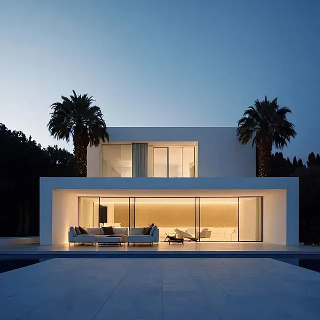 Una casa blanca moderna con palmeras al frente.