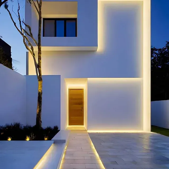 Una casa blanca con una puerta de madera está iluminada por la noche.