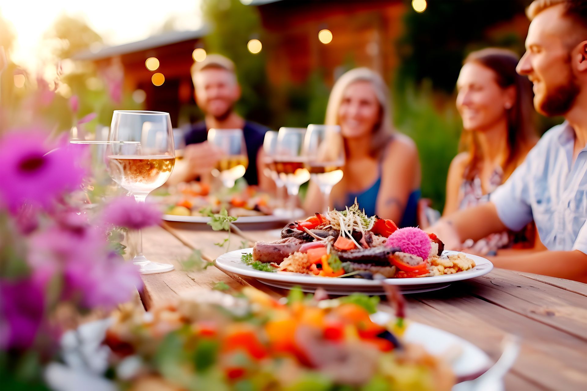Dîner en plein air avec nourriture, vin et silhouettes floues profitant du coucher de soleil.