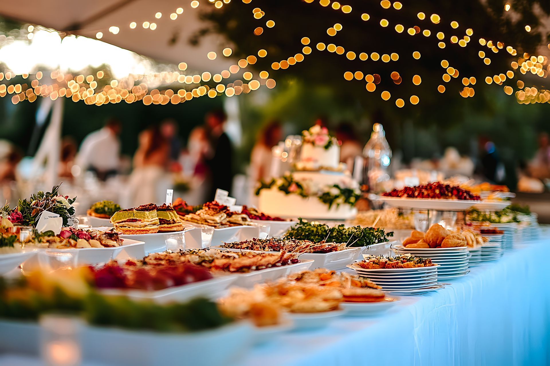 Buffet lors d'un événement en plein air, avec divers plats, des lumières et un gâteau, avec des personnes en arrière-plan.