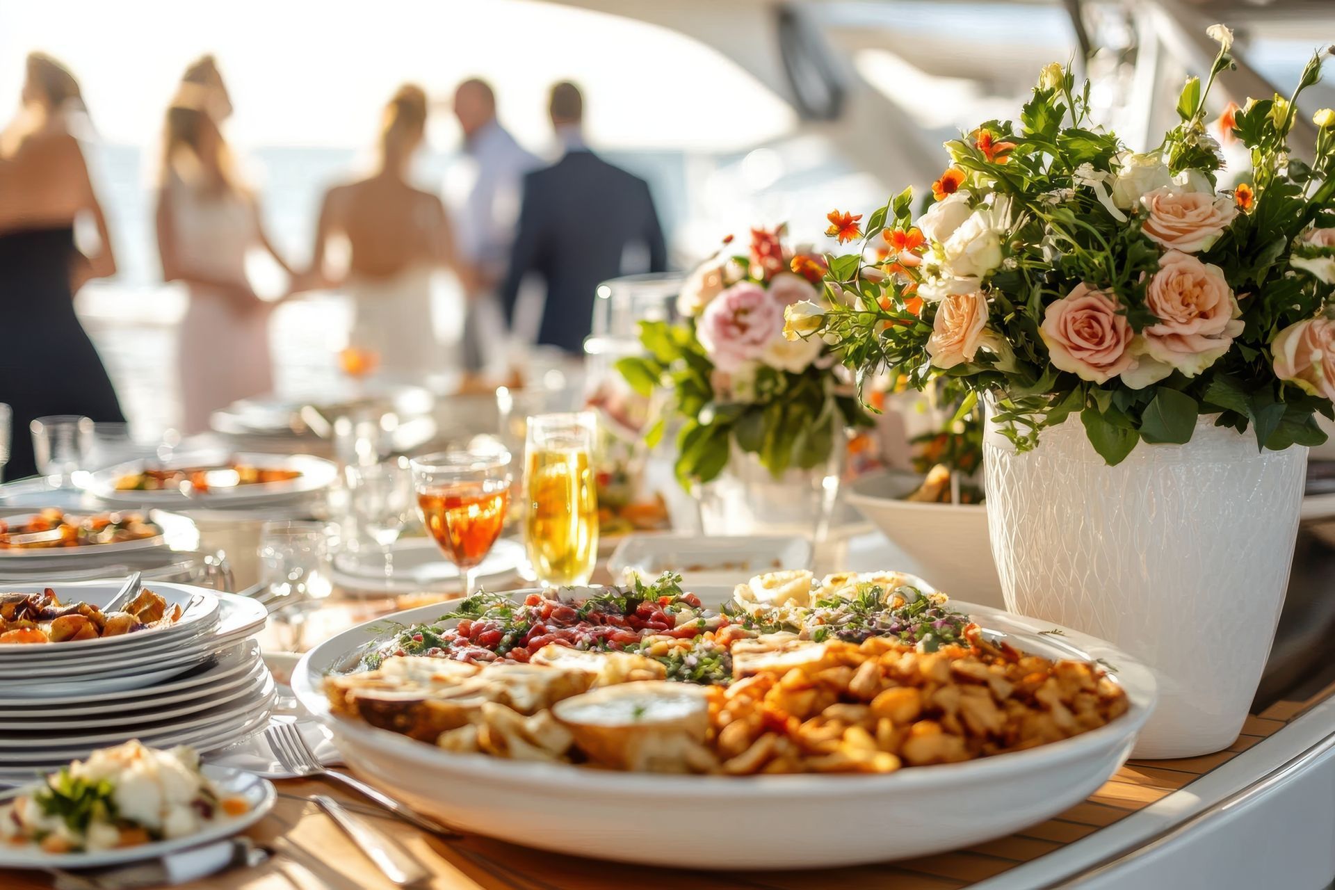 Buffet dressé avec nourriture et fleurs ; personnes floues en arrière-plan sur un yacht.