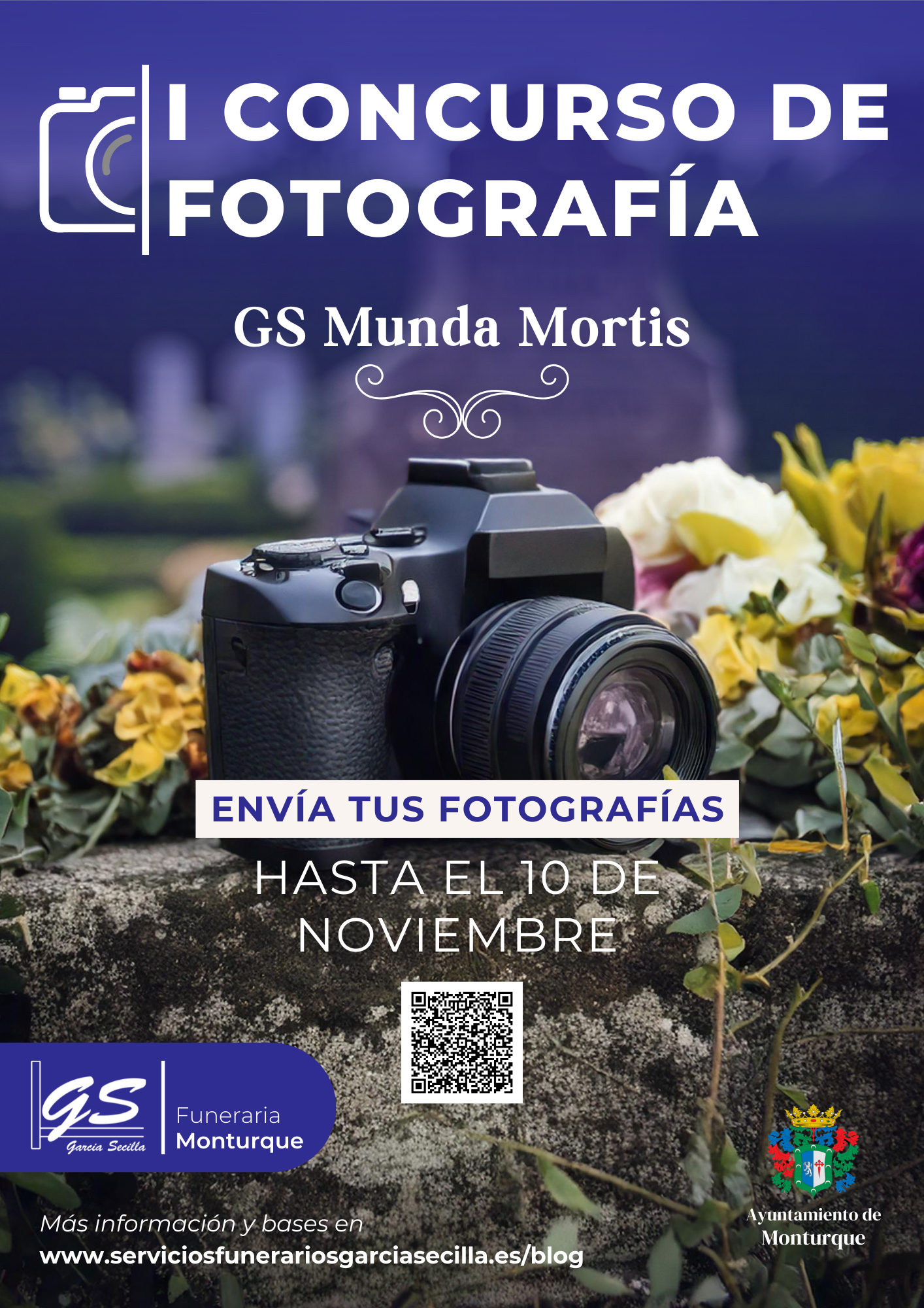 Un cartel de un concurso de fotografía muestra una cámara rodeada de flores.