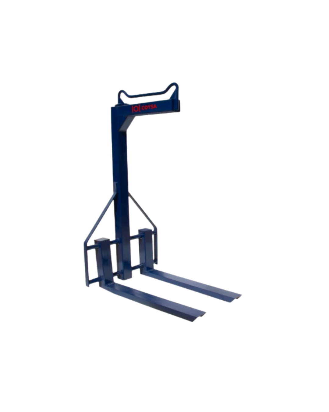 Apilador manual de paletas de color azul, con horquillas, asa y bastidor de soporte, sobre un fondo blanco.