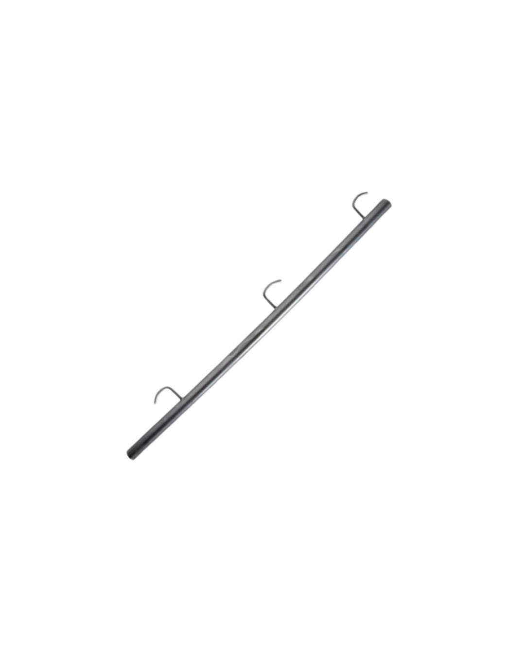 Barra de metal oscuro con tres ganchos.