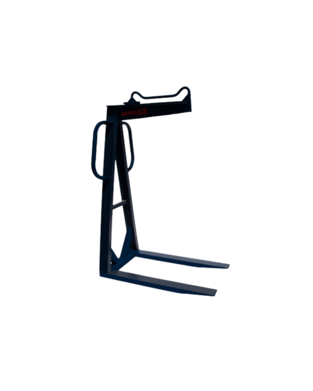 Accesorio para carretilla elevadora de color negro con bastidor vertical, horquillas y soporte superior.