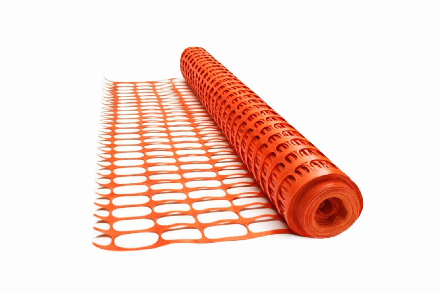 Valla de seguridad de plástico de color naranja enrollada, con la parte desenrollada en posición horizontal.