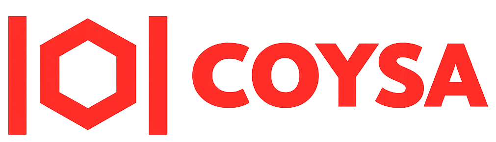 Logotipo rojo con un hex&aacute;gono dentro de l&iacute;neas verticales y la palabra COYSA.