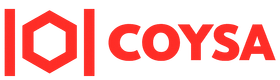 Logotipo rojo con un hex&aacute;gono dentro de l&iacute;neas verticales y la palabra COYSA.