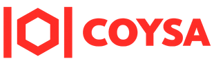Logotipo rojo con un hex&aacute;gono dentro de l&iacute;neas verticales y la palabra COYSA.