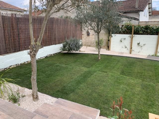 Un jardin avec un gazon en plaque