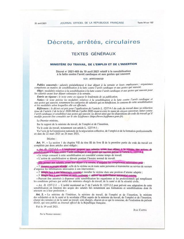 Décret relatif à la sensibilisation à la lutte contre l'arrêt cardiaque et aux gestes qui sauvent