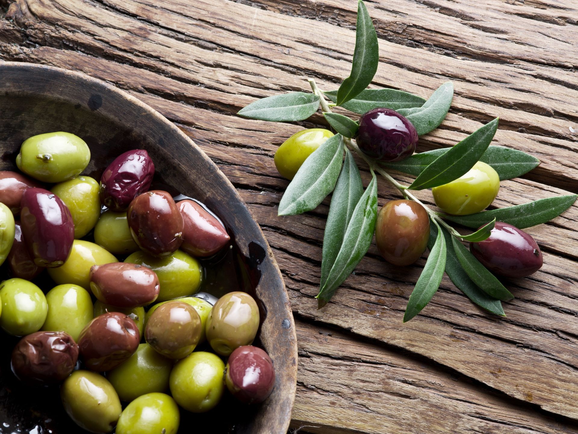 Un cuenco de aceitunas al lado de una rama de aceitunas sobre una mesa de madera.