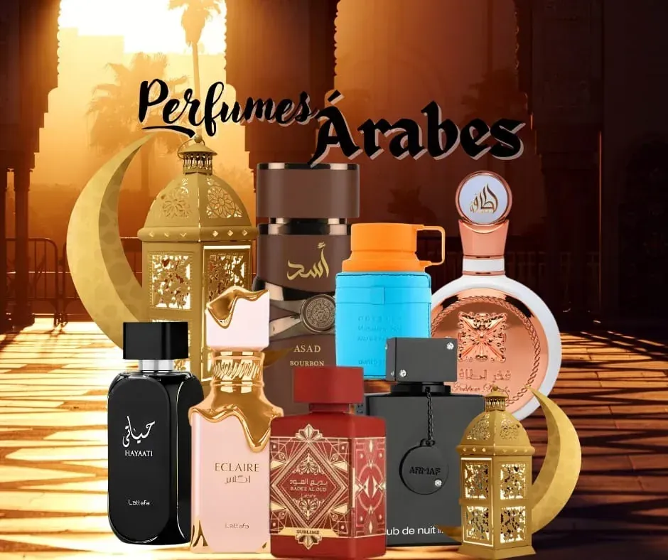 Colección de frascos de perfume árabes, con una media luna dorada y el texto 