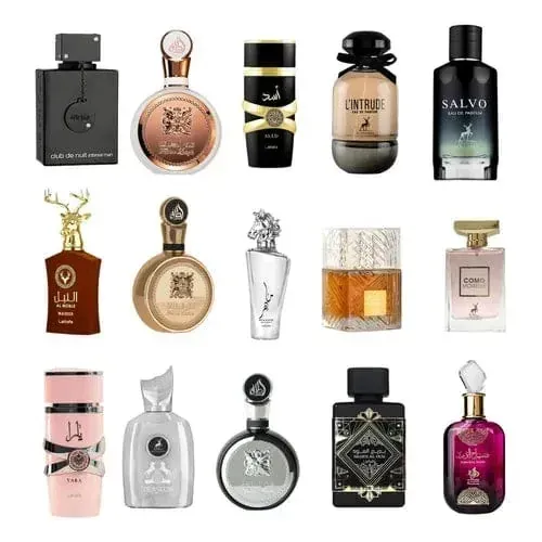 Filas de frascos de perfume árabe, de diversas formas y colores, sobre un fondo blanco.